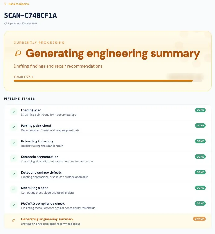 Argis Labs 8-stage processing pipeline from loading the scan to generating the engineering summary
