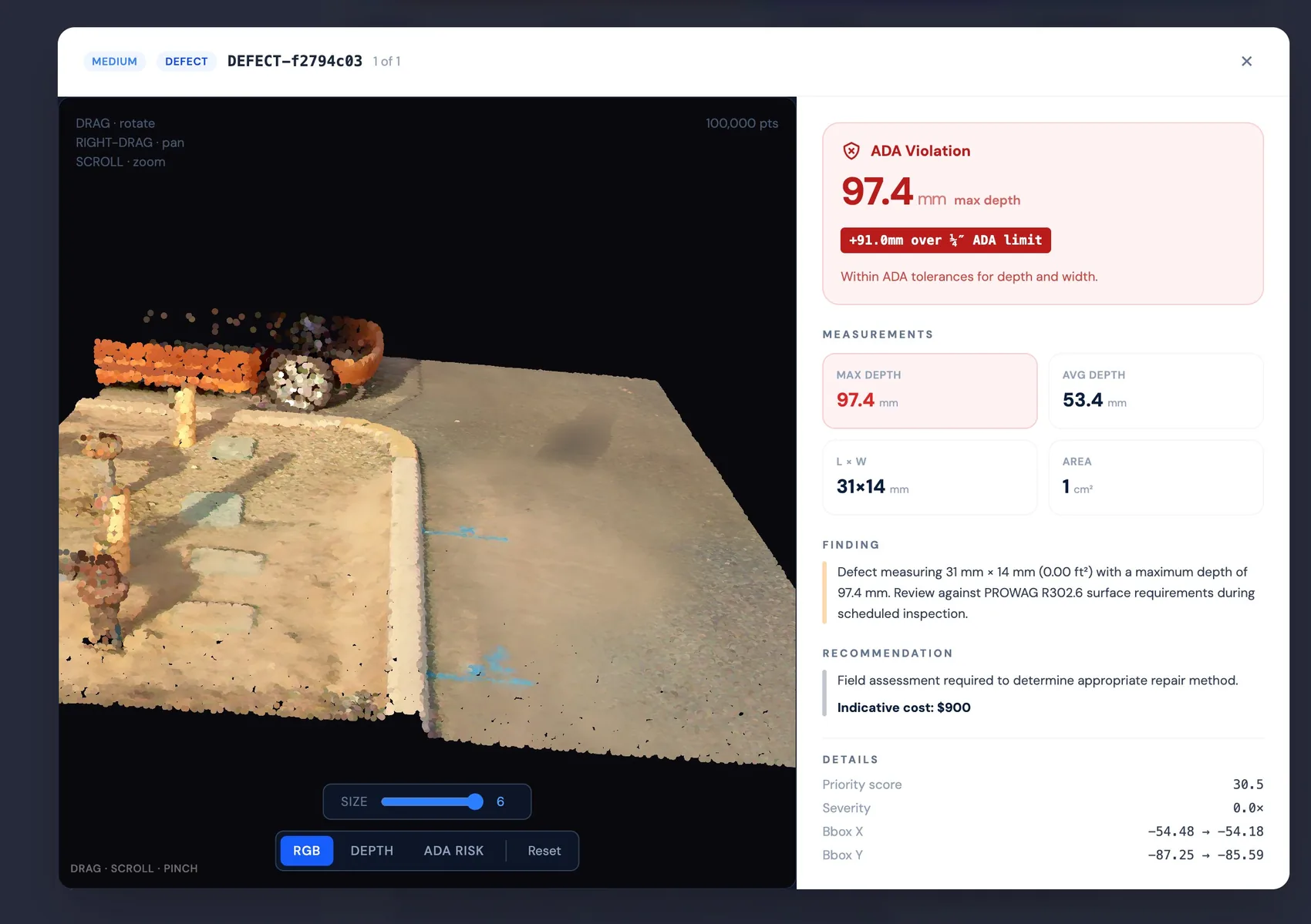 True-color 3D point cloud of a sidewalk defect with measurements panel